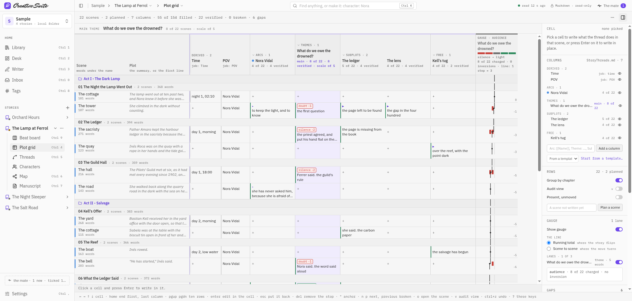 The plot grid in Leathercase, with a whole story open