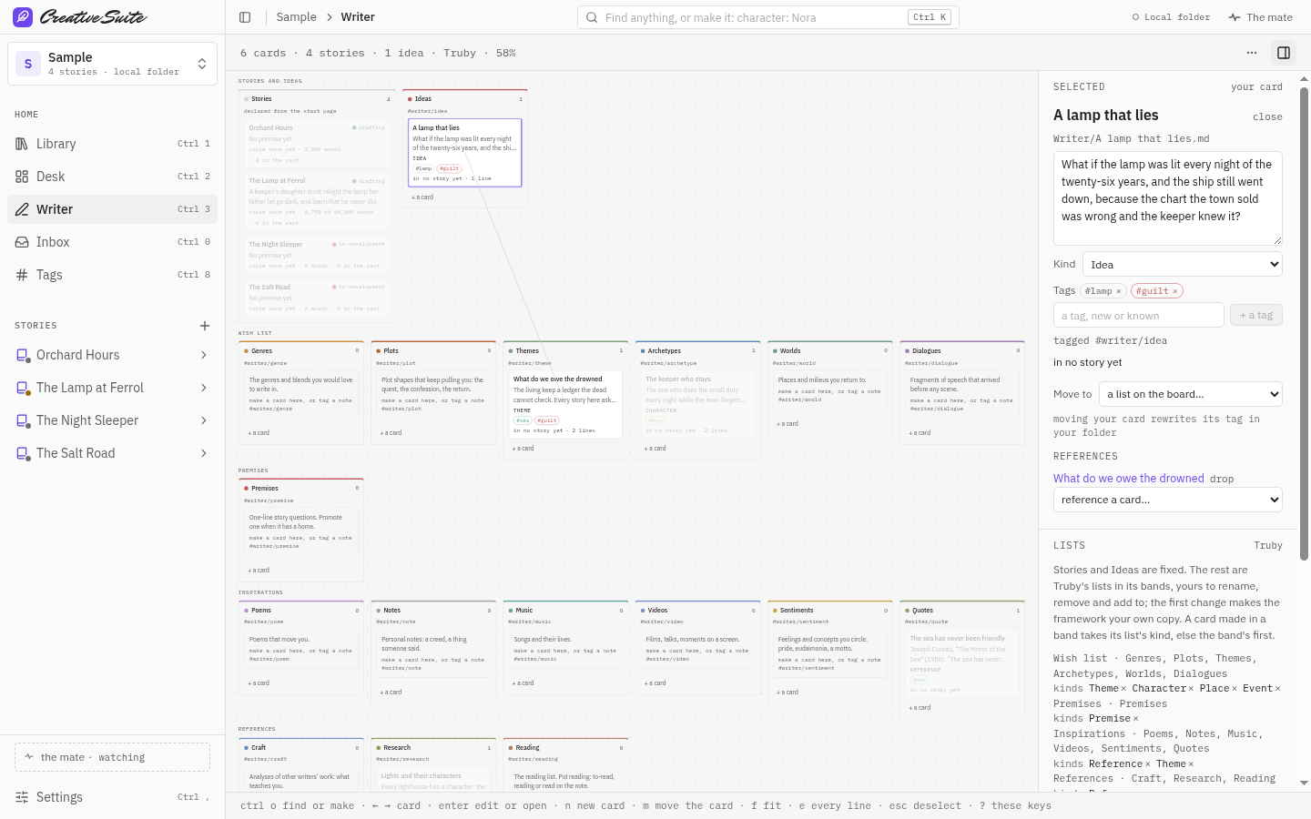 The Writer board in Leathercase, on the sample story