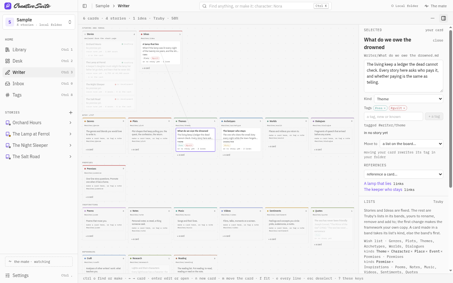 The Writer board in Leathercase, on the sample story