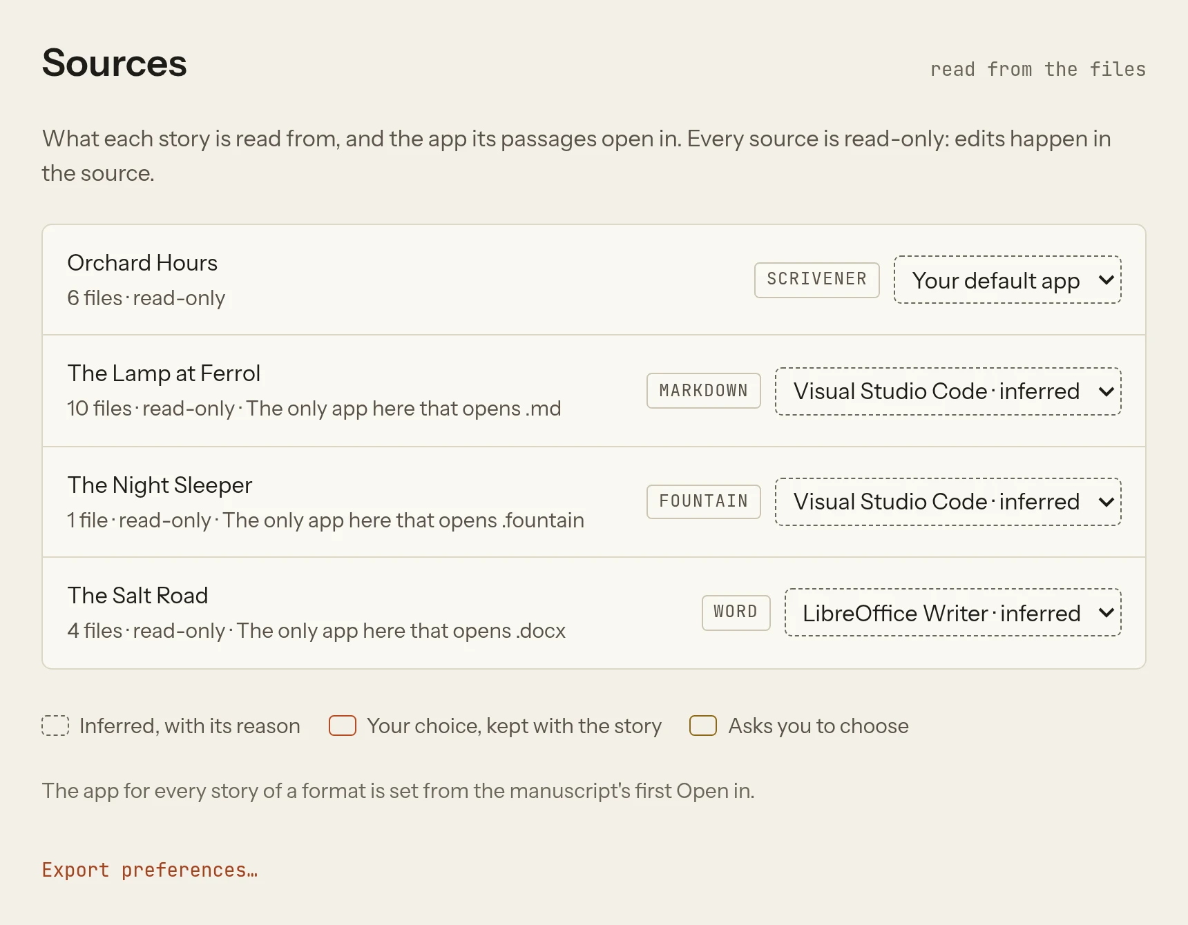 Settings at Sources, listing each story of the sample home with the format it is read from and the app its passages open in
