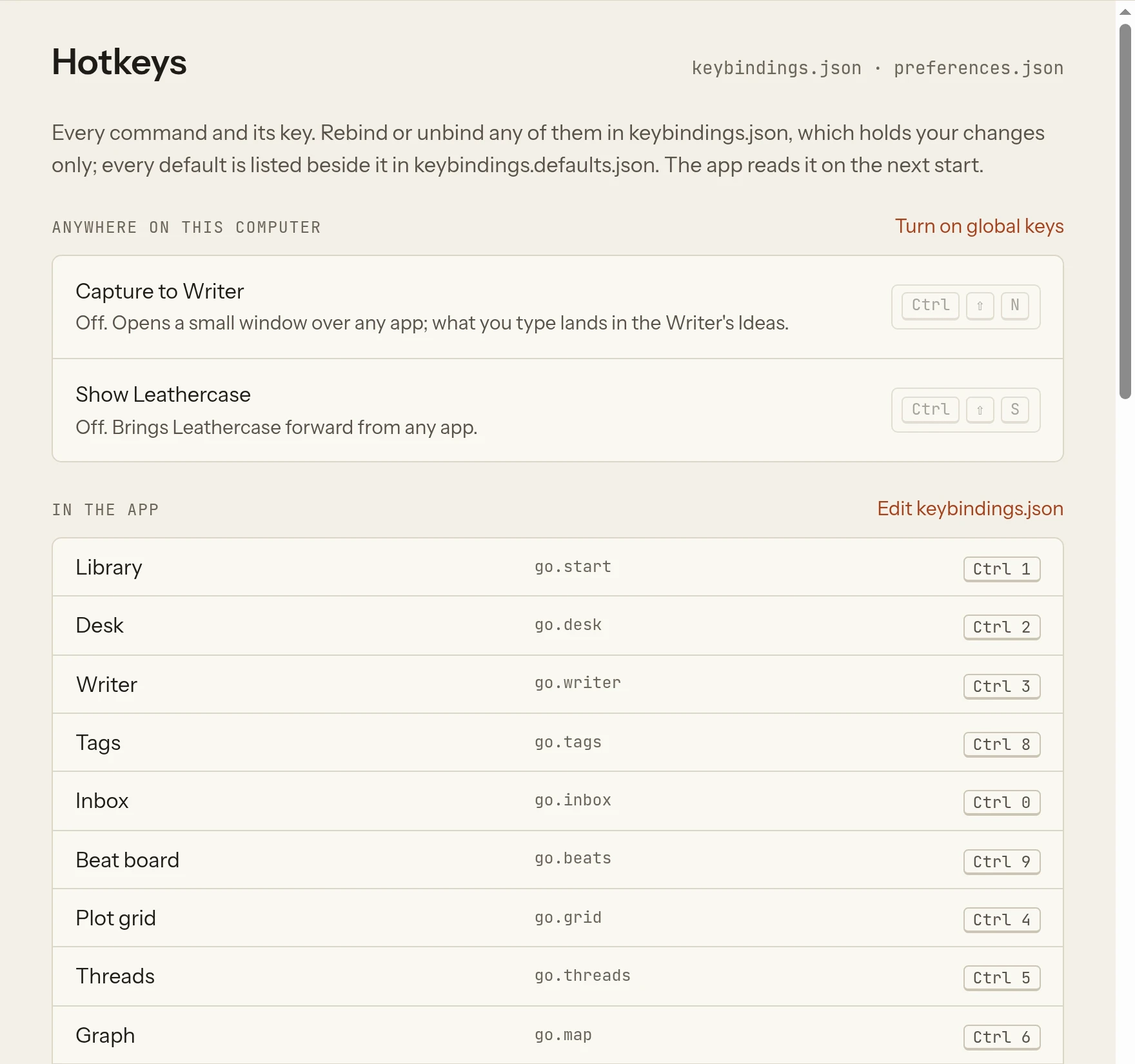 Settings › Hotkeys, with the two global keys off and the table of commands, ids and keys