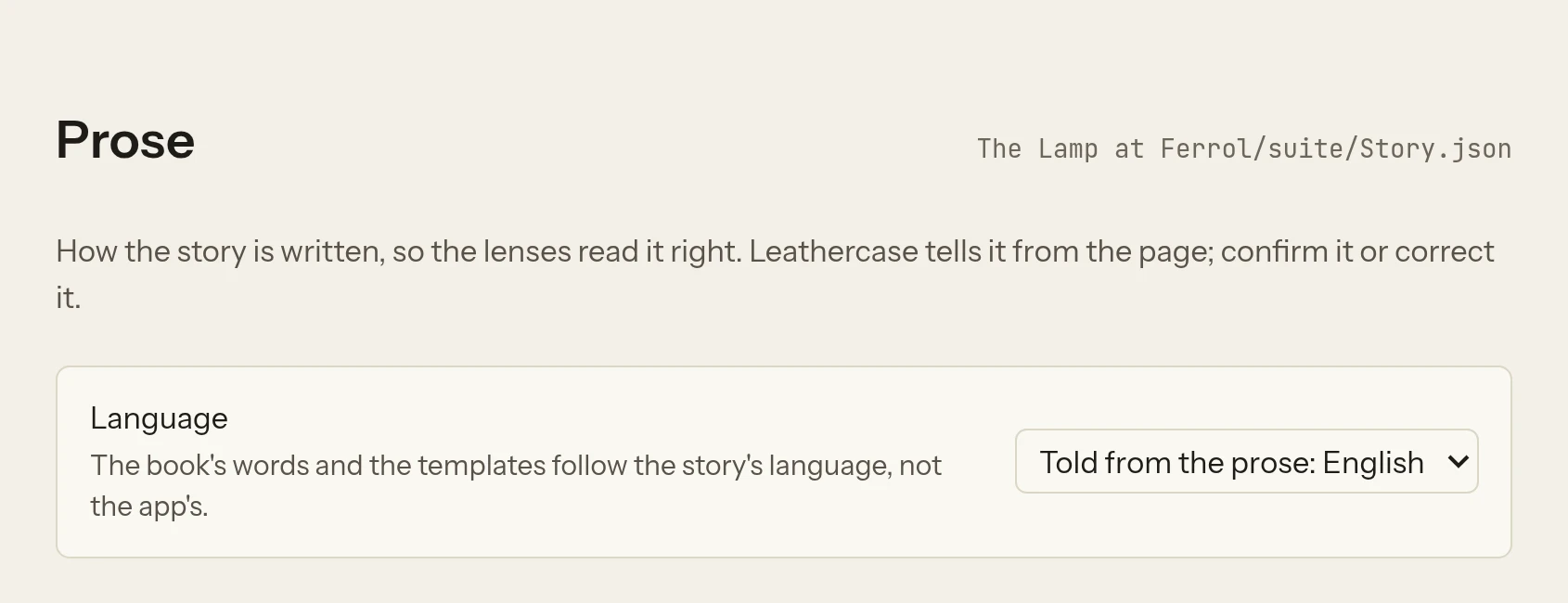 Story settings at Prose, with the Language row showing Told from the prose: English and its hint