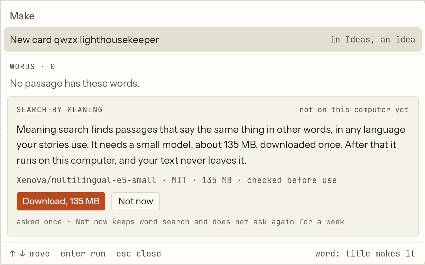 Under the find field, after a search that found no exact words, the Search by meaning box: the consent text, the model's name, licence and size, Download and Not now