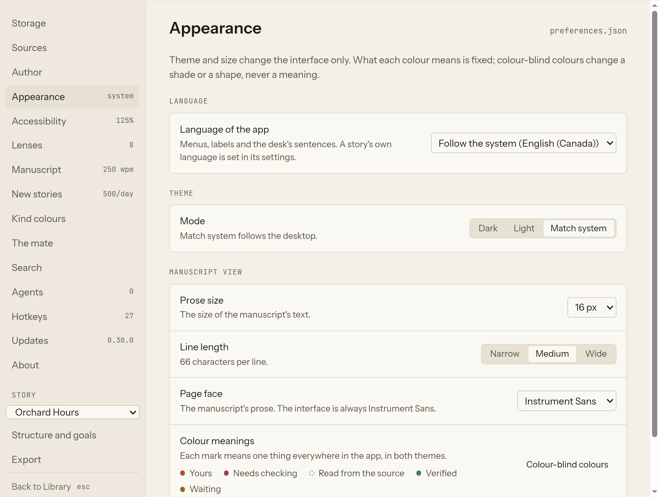 The Settings page open at Appearance, with the section list on the left and the file it writes named at the top right