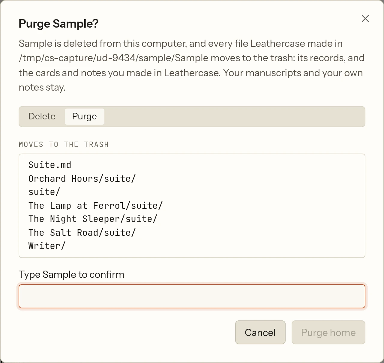 The Purge dialog for the home Sample, listing the files that move to the trash and asking for the home's name