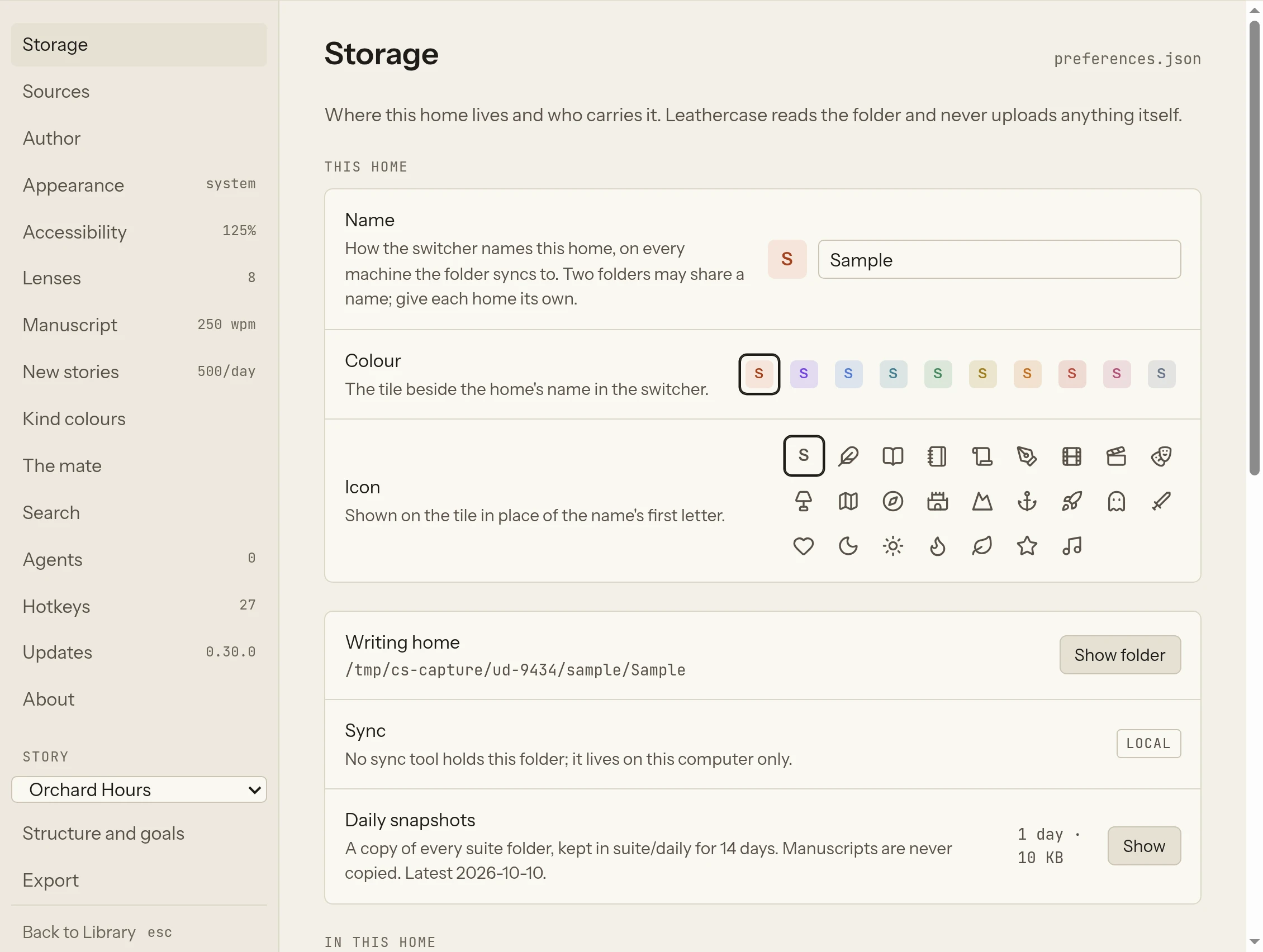 Settings › Storage for the home Sample: its folder, sync, daily snapshots and what Leathercase keeps in it