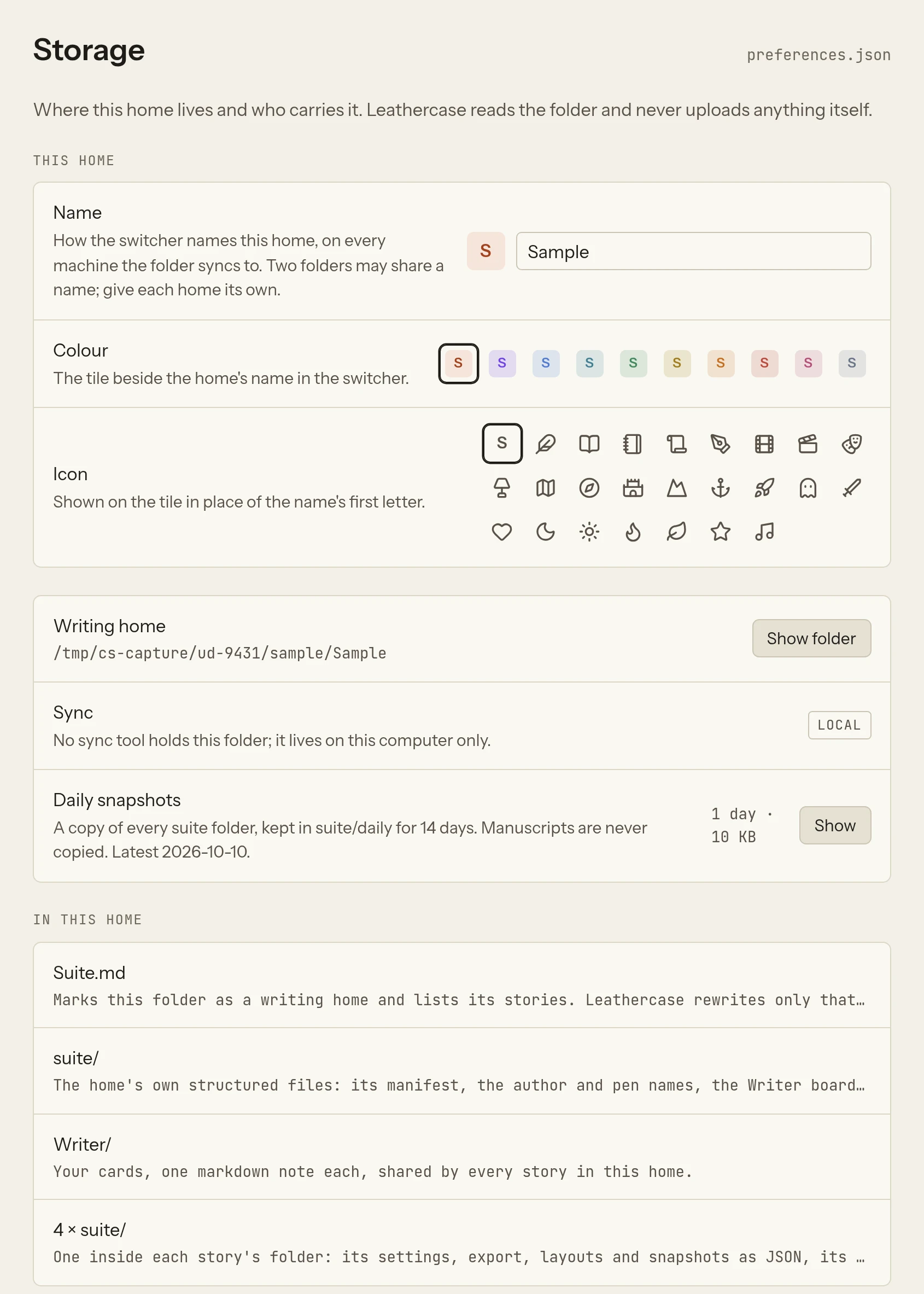Settings at Storage for the sample home: the folder, the sync line, In this home with Suite.md, suite/, Writer/ and the per-story suite folders, and Daily snapshots