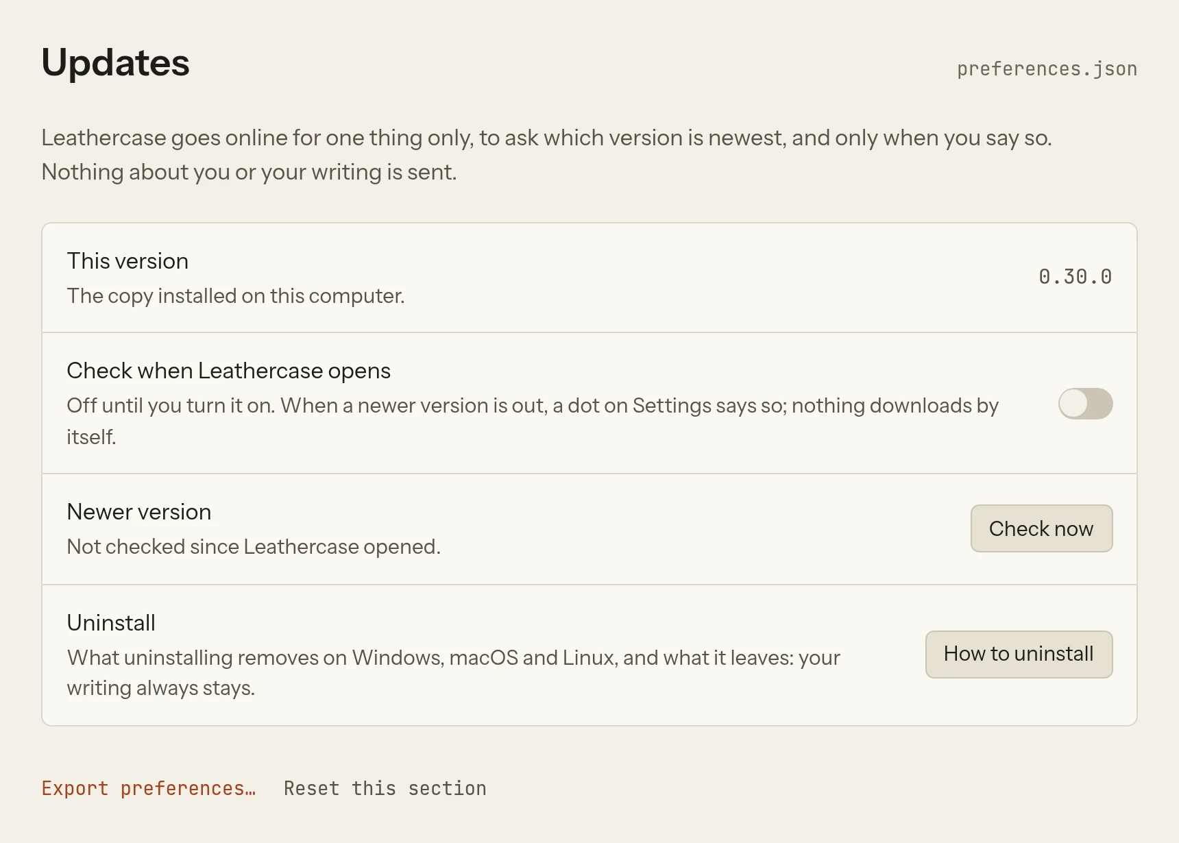 Settings at Updates: This version, Check when Leathercase opens switched off, the Newer version row saying Not checked since Leathercase opened with Check now, and Uninstall with How to uninstall